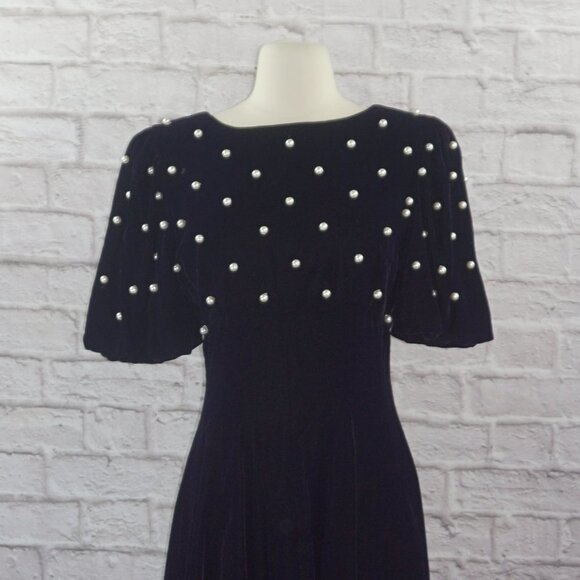 Vintage 90s Velvet Pearl Midi Dress - Picture 2 of 8
